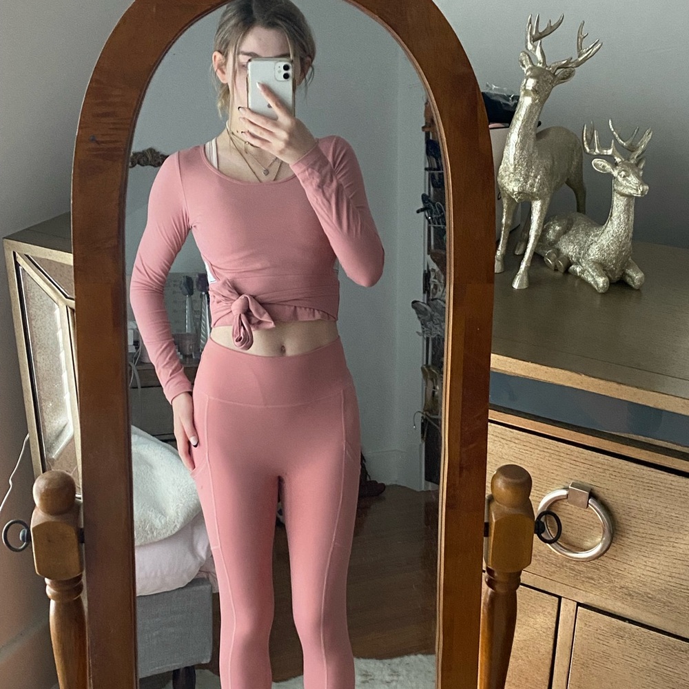 Pink Long Sleeve Crop Top and Leggings Set